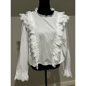 Women’s Sz M Victorian Cotton white Lace Ruffle Top Peasant Boho modest career